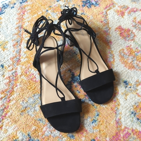 Topshop Daisy Strappy Ankle Marble Mid Block Heeled Sandals Black Size 7.5 - Picture 1 of 15